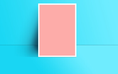 Pink Blank Poster on Light Blue background. 1 Vertical  picture Frame, Posters A4 paper on Turquoise clean  Floor.  Minimal, Front View. 3D Illustration 