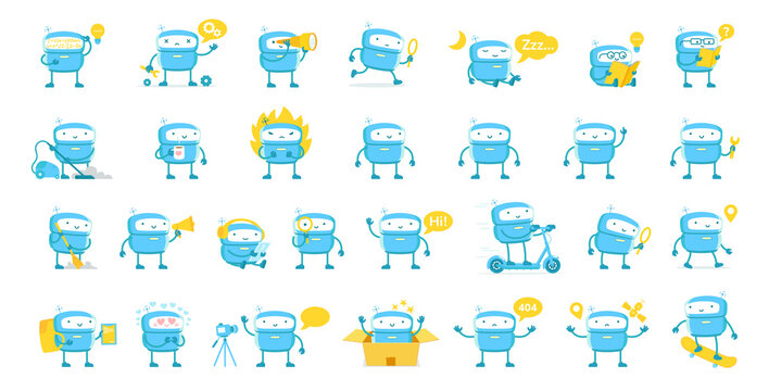Little blue Robot mascot character big set. All tasks. Cute Robot stickers. Cartoon flat vector illustrations. Artificial Intelligence. Support service-center. Chat bot.