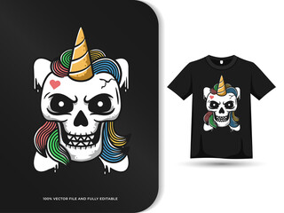 Skull unicorn head hipster concept cute design illustration with t-shirt template. Vector graphic design