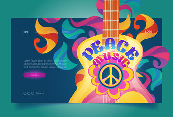 Peace music banner with hippie sign and guitar. Retro music of 60s and 70s in Woodstock festival style. Vector landing page with cartoon psychedelic pattern with flower and guitar - obrazy, fototapety, plakaty