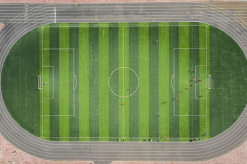 Drone aerial photography outdoor soccer stadium soccer game top view