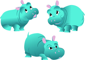 Set of cute young hippopotamus