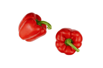 Two red sweet peppers isolated on white background top view.