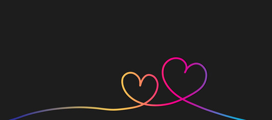 Colorful Heart Shape Drawing in continuous line on black background. Hand Drawn Two Hearts Embracing, minimal. copy space,  Love Concept 