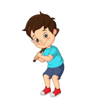 Cartoon little boy hitting ball with wooden bat