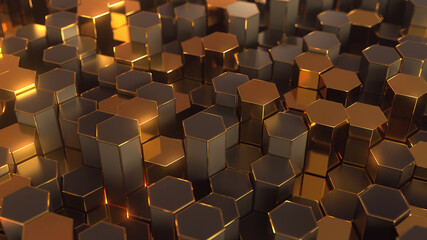 Abstract futuristic background with gold and black hexagons. 3d render illustration