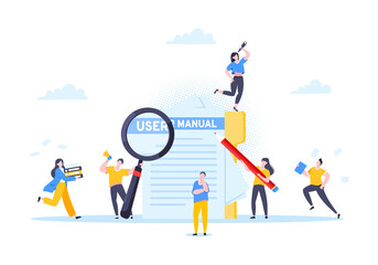 User manual guide book flat style design vector illustration. Tiny people and guidance manual instructions working together with guide book. Specifications user guidance document.