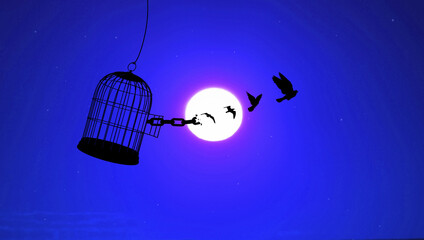 Doves Set Free From A Cage At Night Time In front Of Full Moon Light. Hanging Metal Cage, Flying Birds, Dark Blue Night Sky Moon, Dreams Imagination and Freedom Concept 