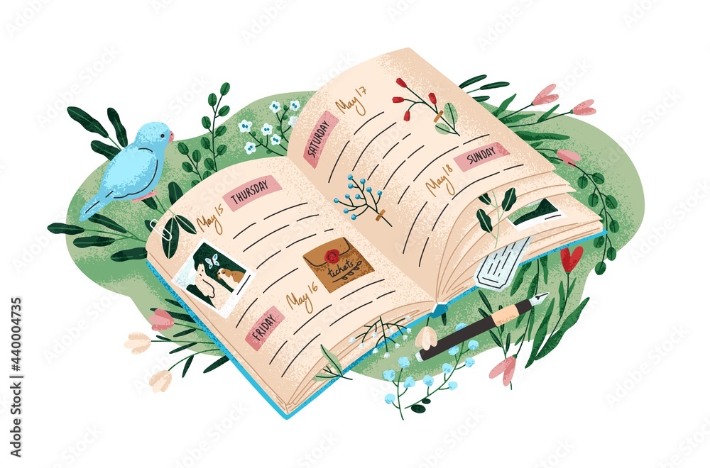 Poster Cute personal diary. Open notebook with beautiful pages. Planner for spring with dates and notes. Notepad among grass and flowers. Flat graphic vector illustration isolated on white background