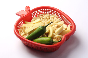Mix Vegetable | Garlic, Green Chilies and Ginger in Apple Shape Red Basket.