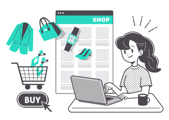 ネットショッピングをする女性　単色