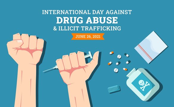International day against drug abuse and illicit trafficking background design. Flat style vector illustration of flat lay top view of capsule and pill drugs and hands getting injected.