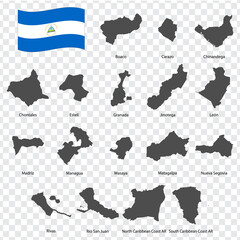 Seventeen Maps  of Nicaragua - alphabetical order with name. Every single map of Departments  are listed and isolated with wordings and titles. Republic of Nicaragua. EPS 10.