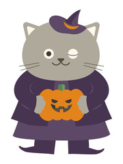 ハロウィン：ジャックオランタン（かぼちゃ）を持ち魔女の仮装をしたネコ・全身イラスト