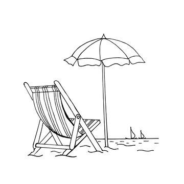 A sun lounger with an umbrella on the beach, on the horizon two sailboats on a white background.Black and white hand drawing in the doodle style.