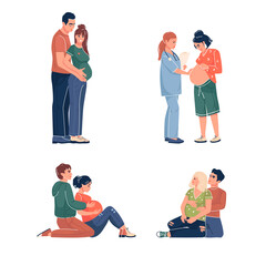 Collection of a pregnant woman, a doctor's appointment, in a course for pregnant women with her husband. Happy pregnancy. Vector illustration. Flat cartoon style, isolated on white background.