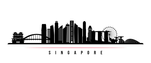 Singapore skyline horizontal banner. Black and white silhouette of Singapore. Vector template for your design. - obrazy, fototapety, plakaty