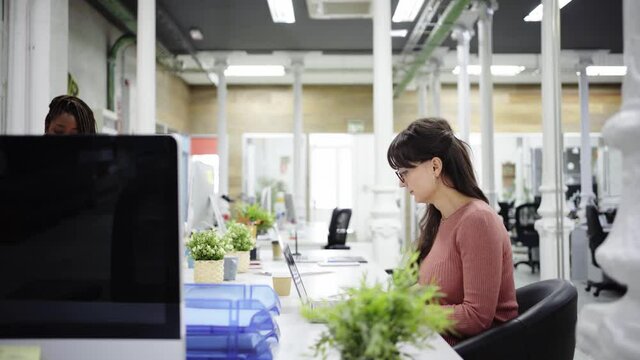 Focused office worker using computer and working in the office. Co-working concept.