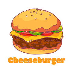 Tasty juicy greasy cheeseburger. American cuisine. Burger with beef patty, ketchup, pickled cucumbers and onions, melted cheese. Fast food. Hand drawing. Isolated clipart set.