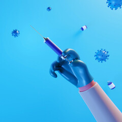 3D Rendering Of Doctor Hand Holding Vaccine And Virus Effect On Blue Background And Copy Space.