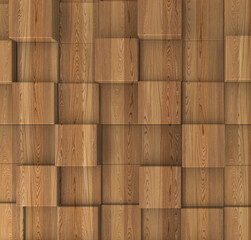 3d illustration. Background image of three-dimensional triangles of the same size, located at different heights, with a shadow and with the texture of natural and painted wood. Wood panel. Render