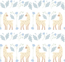 Vector seamless pattern with cute cartoon alpakas. Funny lamas wallpaper. Nice animals and plant and floral elements. Textute for textile or wrapping paper.
