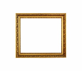 Historical Vintage Golden decorative frame isolated on white background. Gold frame border with beautiful stylish ornaments.  Retro frame ideal for advertisement background and photography concept.