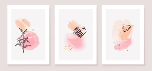 Pink and Peach Abstract Watercolor Compositions. Set of soft color painting wall art for house decoration or invitations. Minimalistic background design. Vector wall art plants in minimalist style.