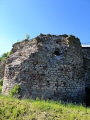 Oreshek Fortress, Shlisselburg, Leningrad Region, Russia-June, 4, 2021.Ancient Russian fortress on Ladoga lake.  Summer panorama of  Oreshek castle.ancient destroyed and restored buildings and walls