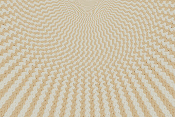 3D illustration, abstract pattern consisting of diverging from the central upper part of the alternating pigtailed multiple rays of two colors beige Buttercream and brown Desert Mist.