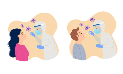 Man and woman getting PCR swab test to detect covid-19 disease. Flat vector cartoon design