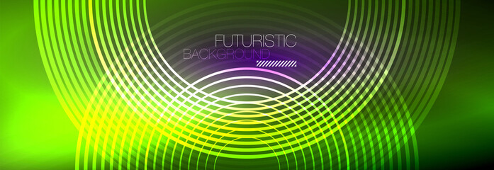 Fototapeta premium Dark abstract background with glowing neon circles. Trendy layout template for business or technology presentation, internet poster or web brochure cover, wallpaper