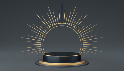 Empty gray cylinder podium with gold border and spiked halo circle on black background. Abstract minimal studio 3d geometric shape object. Pedestal mockup space for luxury display. 3d rendering. - obrazy, fototapety, plakaty