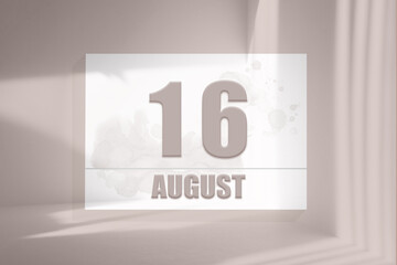 august 16. 16th day of the month, calendar date.White sheet of paper with numbers on minimalistic pink background with window shadows.Summer month, day of the year concept