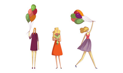 Young Woman Holding Flower Bouquet Wrapped in Gift Paper and Bunch of Balloons Vector Set