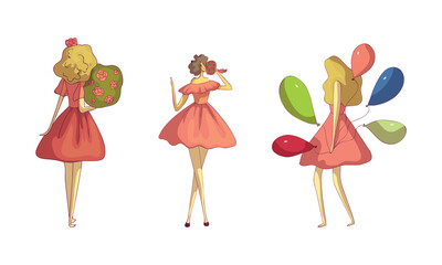 Young Woman Holding Flower Bouquet Wrapped in Gift Paper and Bunch of Balloons Vector Set