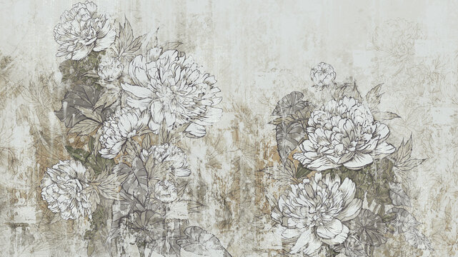 vintage peonies on a textured background in the interior of any room, style, composition, drawing © Виктория Лысенко