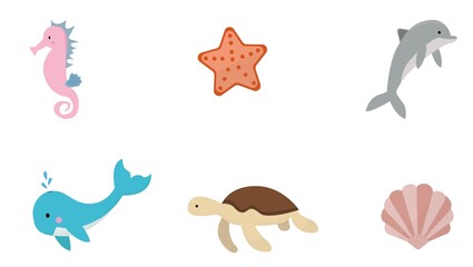 Vector illustration. A set of animals that live in the ocean. Seahorse, starfish, dolphin, and others. Can be used to create posters, banners, postcards, flyers.