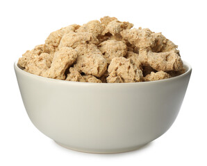 Dehydrated soy meat chunks in bowl on white background