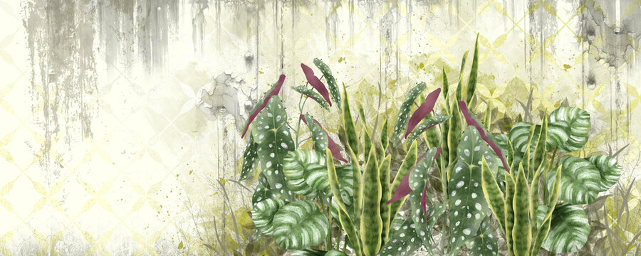 Light yellow background with shabby texture, tropical leaves in the foreground © Viktorious_Art