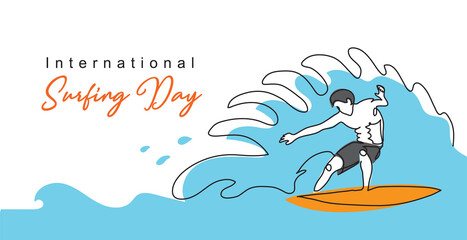 International surfing day simple vector banner, poster, background. One continuous line drawing of surfer guy on the surfboard catching the wave. Surfing day minimalist poster