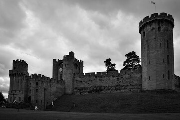Grayscale shot of the medieval Warwick Castle in Warwick, England, the UK
