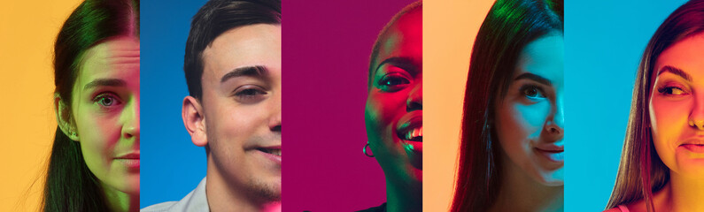 Cropped portraits of group of people on multicolored background in neon light, collage.