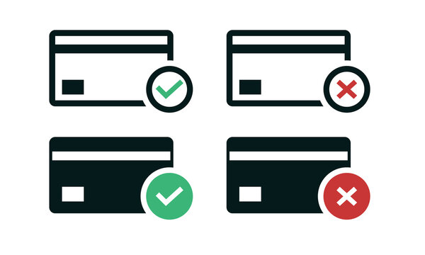Credit Card With Check Mark And Cross Sign. Bank Card. Payment Approved And Declined. Illustration Vector