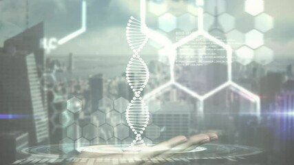 Animation of dna strand and scientific data processing over cityscape - Powered by Adobe
