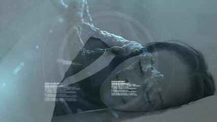 Animation of dna strand and scientific data processing over sleeping woman - Powered by Adobe