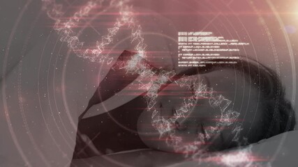 Animation of dna strand and scientific data processing over sleeping woman - Powered by Adobe