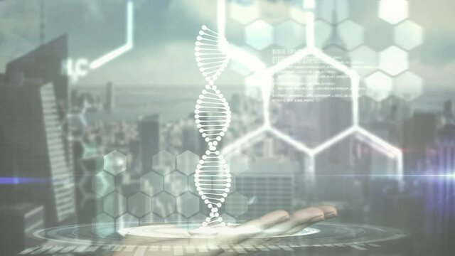 Animation of dna strand and scientific data processing over cityscape - Powered by Adobe