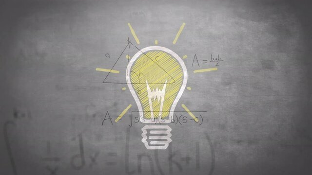 Animation of light bulb over mathematical equations