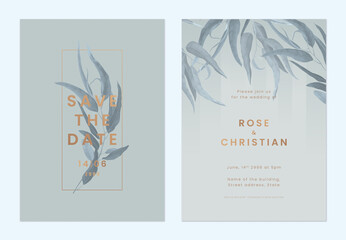 Foliage wedding invitation card template design, eucalyptus leaves in blue tone
